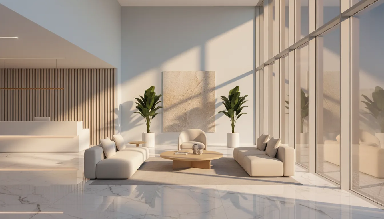 Pristine modern office lobby bathed in morning sunlight