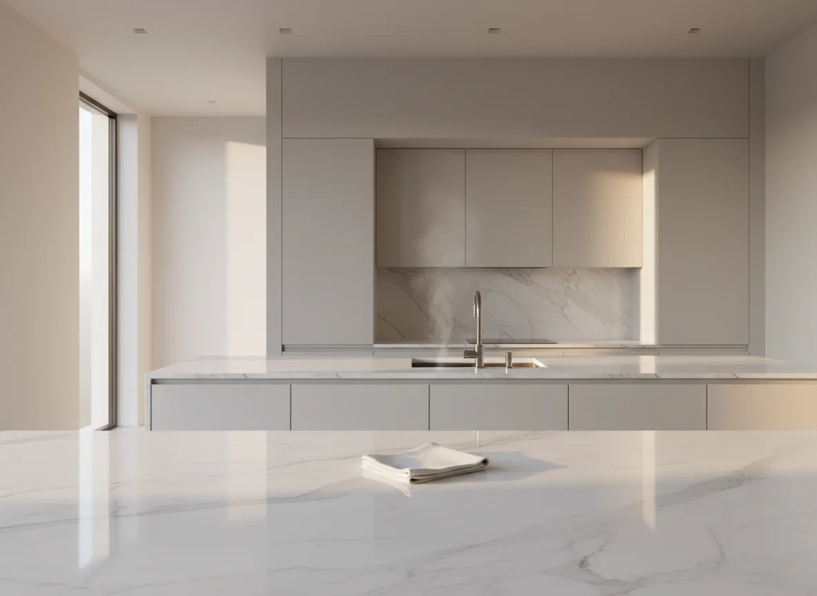 Spotless modern kitchen with marble countertops