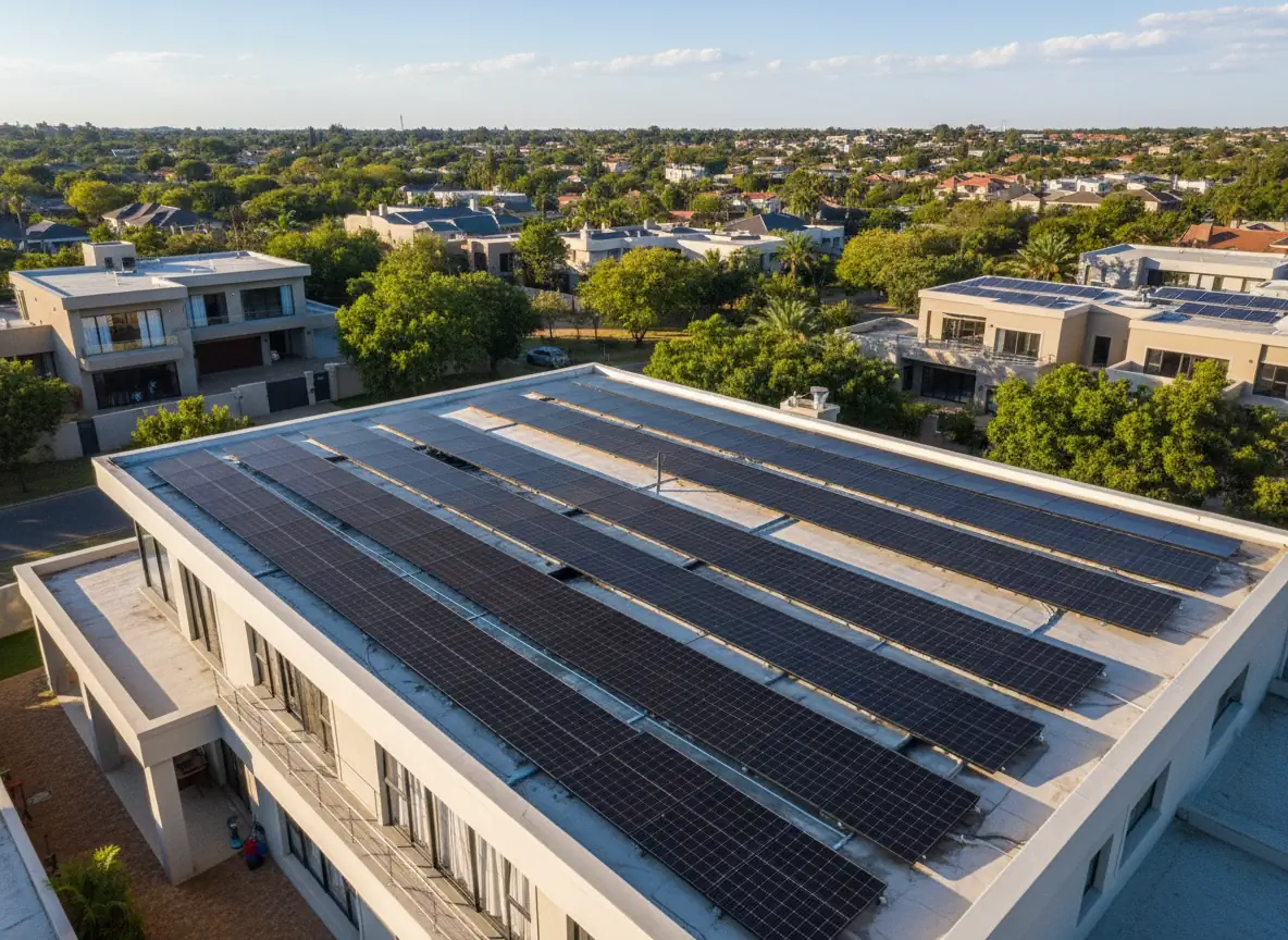 Rows of rooftop solar panels on a flat-roofed home in a leafy suburb