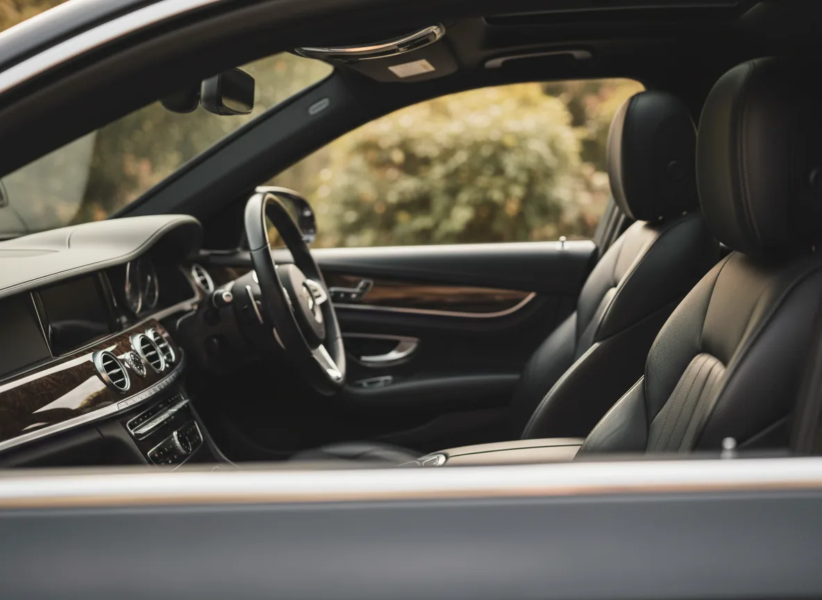 Clean leather interior of a luxury car, seen through the open window